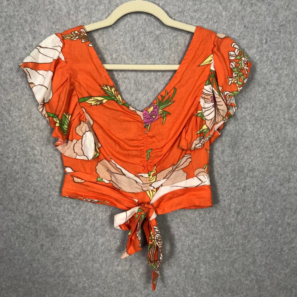 Cynthia Rowley Linen Smocked Ruched Crop Top XS Tropical Wrap Bow Ruffle Resort